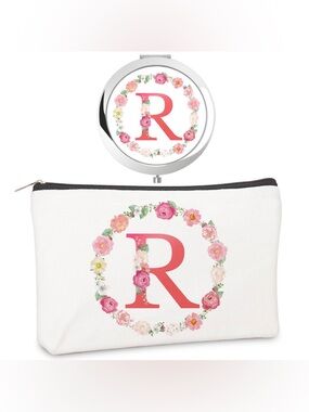 Monogram 'R' Floral Cosmetic Pouch and Compact Mirror Set
